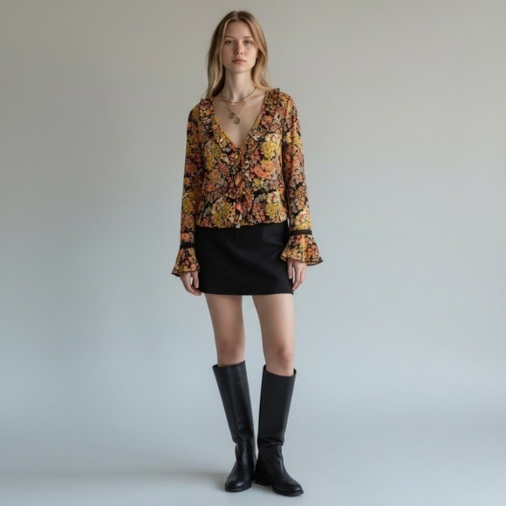 Intimately By Free People Floral Ruffle V-Neck Bodysuit Black Lace XS - Picture 2 of 8